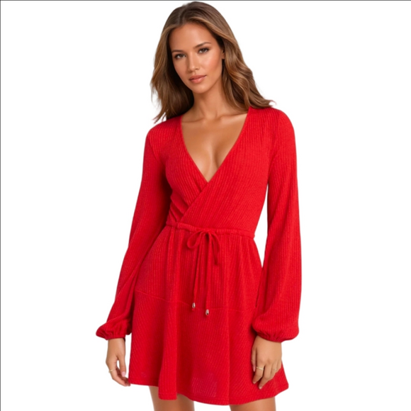 Bebe Surplice Neck Flare Knit Dress Red Medium NWT